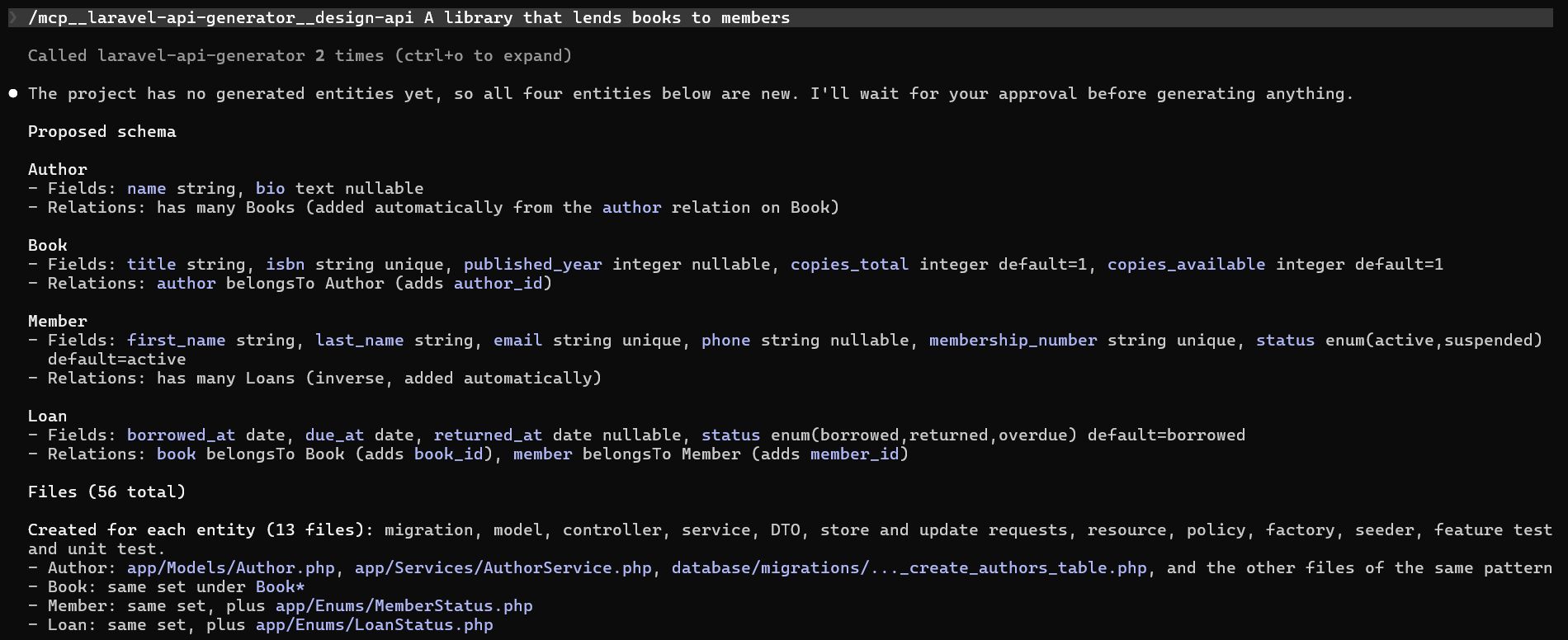 Claude Code running the design-api prompt: the proposed schema and the 56 files, before anything is written